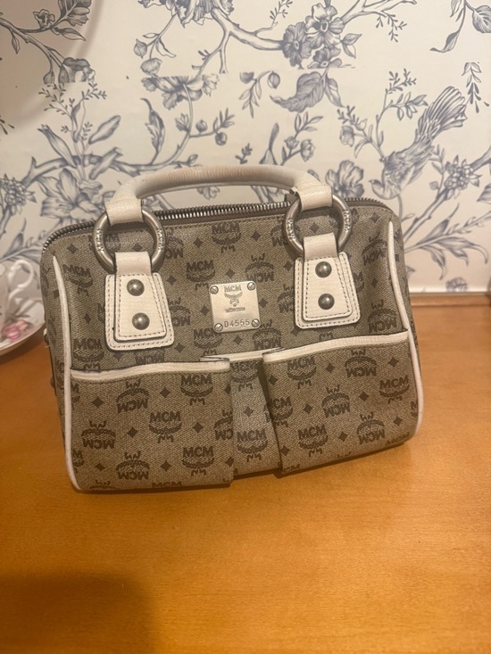 MCM Handbags - MCM Beige Monogram Mini Satchel with White Trim